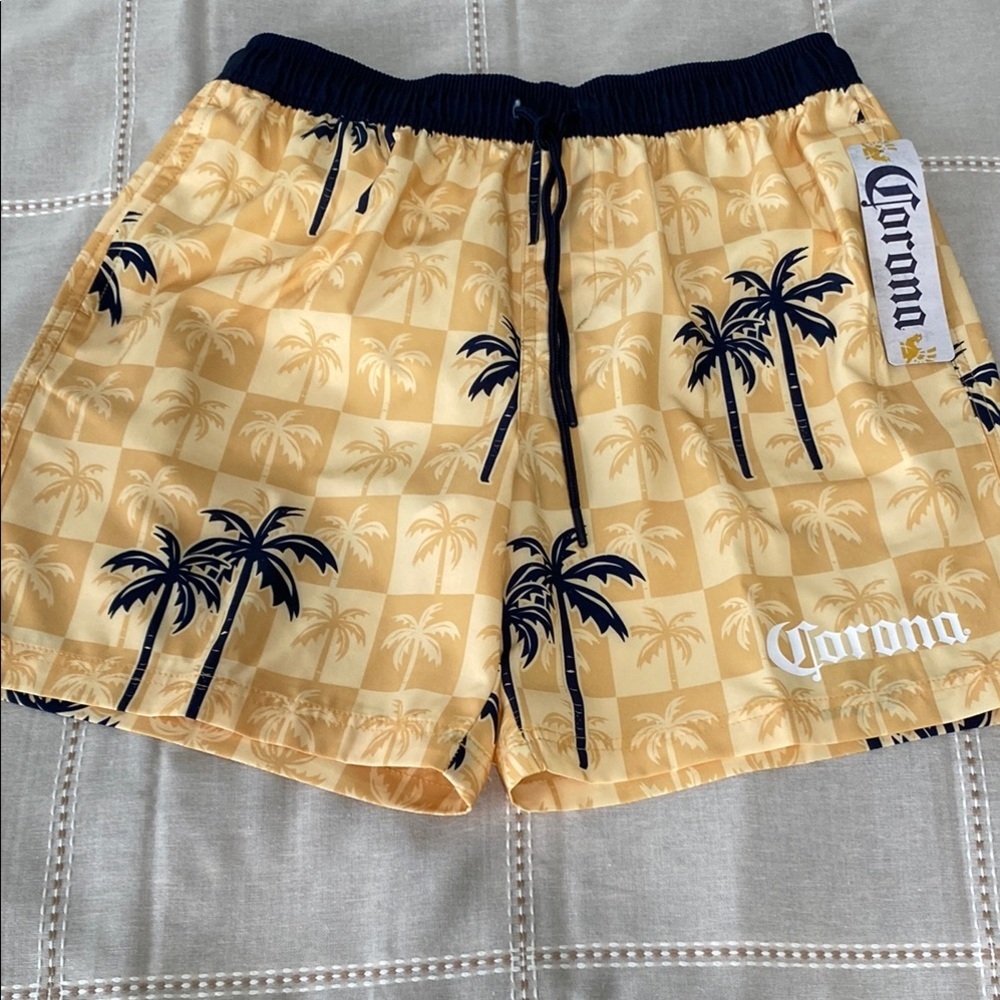 Man Corona Athletic Yellow and Black Shorts with Tropical Design for swim. - Picture 4 of 15